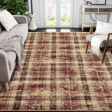 9x12 Modern Washable Tartan Plaid Area Rug - Soft Non-Slip Carpet for Living Room and Bedroom, Red