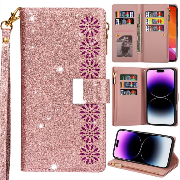 for iPhone 15 Pro Max Bling Phone Case Wallet, Hollowed Out Flower Sparkly Shiny Smooth Leather Flip Cover Kickstand Zipper Pocket, 2-Layered Card Holder Slot, Magnetic Buckle, Wrist Rope