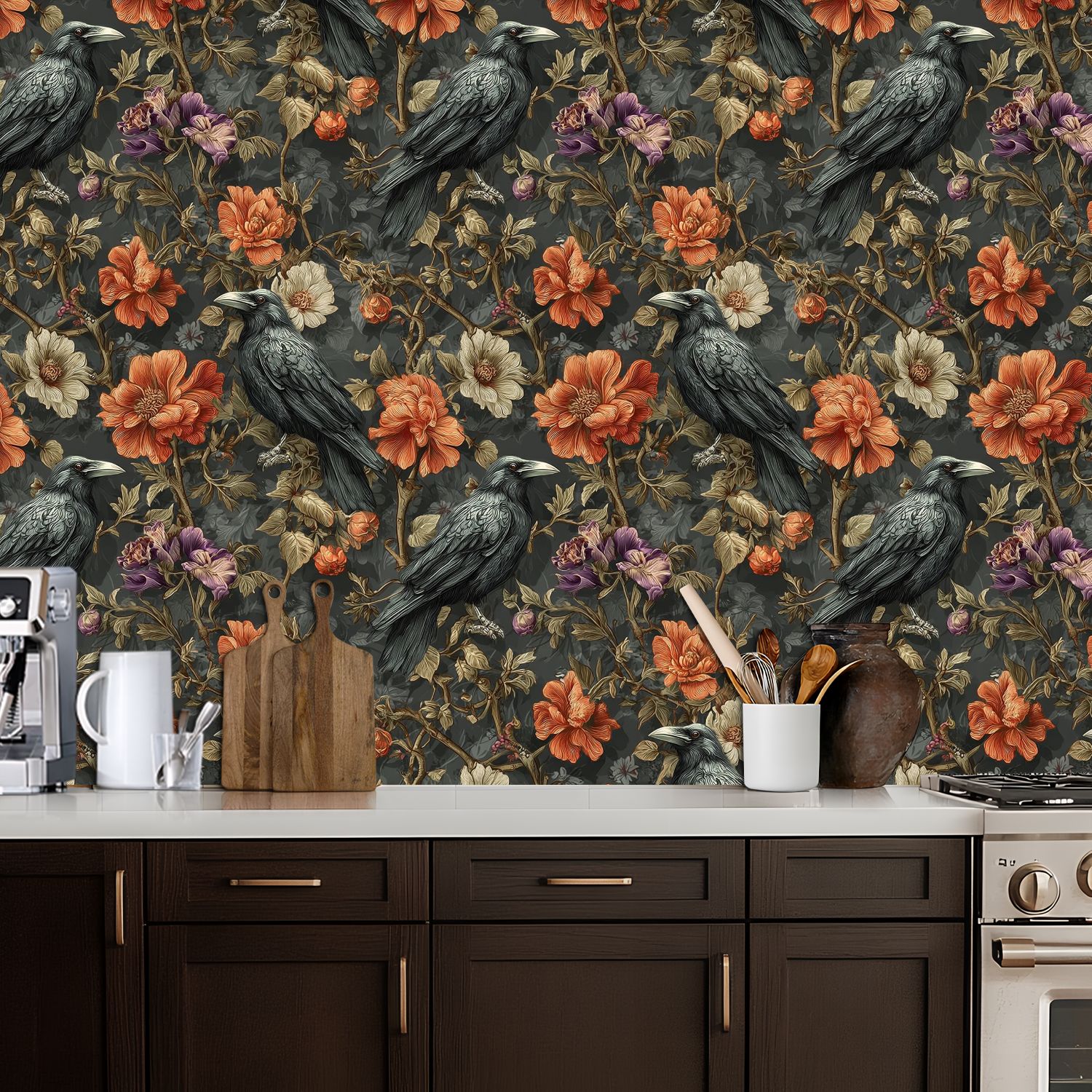 Peel and Stick Wallpaper Raven Birds Among Floral Blossom Vintage Botanical Style Wall Mural 17.7in x 9.8ft Self Adhesive Removable Wall Paper Renter Friendly Wallpaper for Nursery Bedroom Cabinets