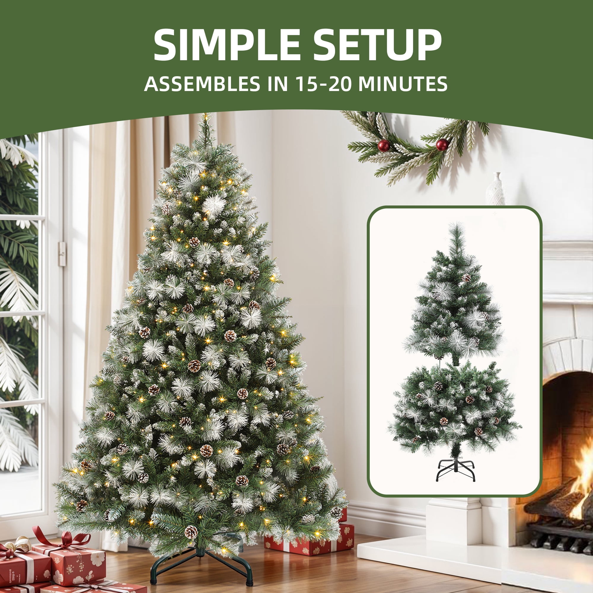 Uforic 6ft Prelit  Artificial Christmas Tree with 946 Branch Tips & 250 Lights, Pre-Decorated Scotch Pine Christmas Tree with Remote, 11 Light Modes, 56 Pine Cones, Green