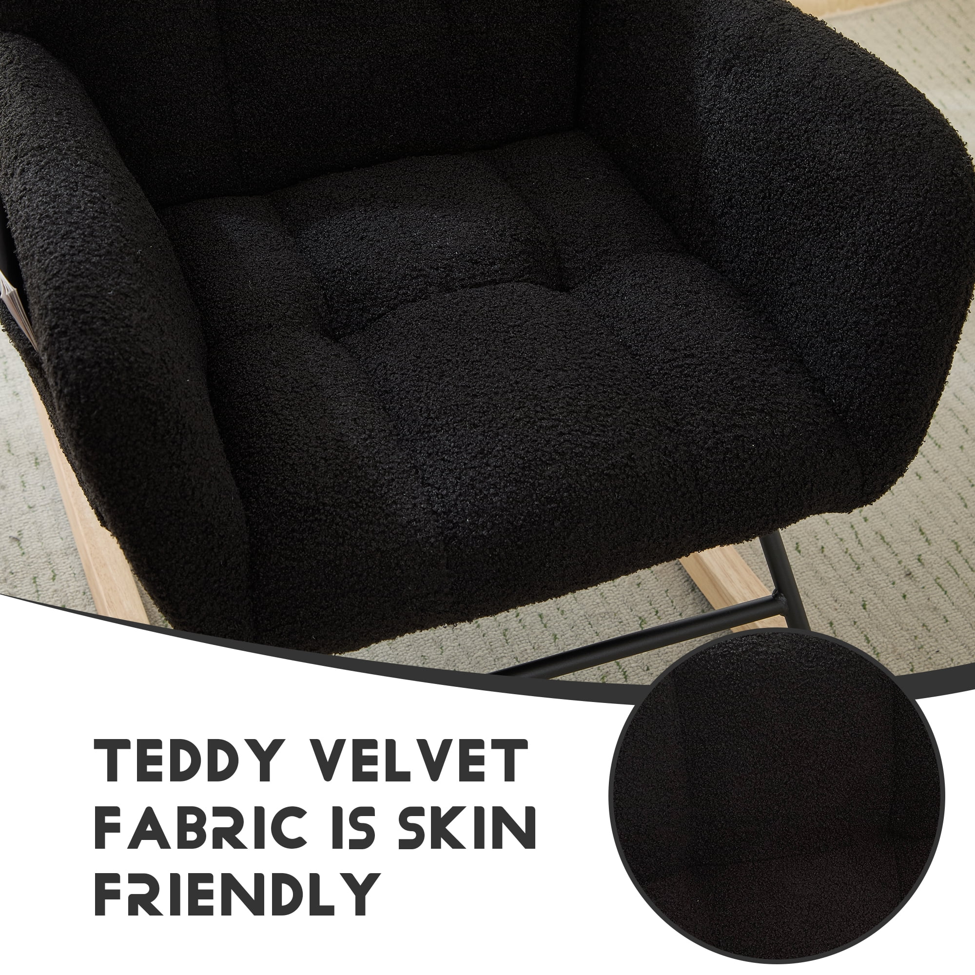 Hforesty Nursery Rocking Chair Teddy Upholstered Glider Rocker，Comfy Armchair with retractable footrest for Living Room & Nursery,BLACK