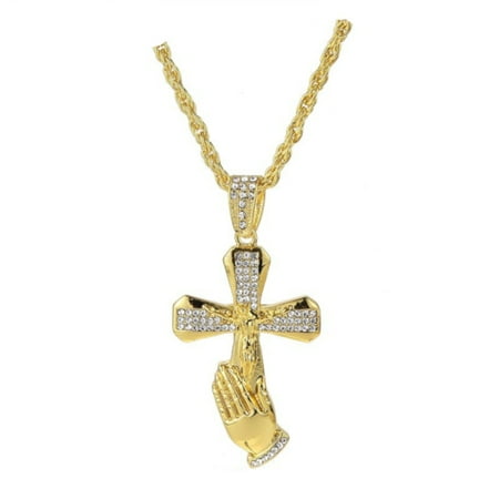 - Praying Hands Jesus Cross Goldtone Anti-Tarnish Christian Crucifix with Handset Crystal Stones J-294-B