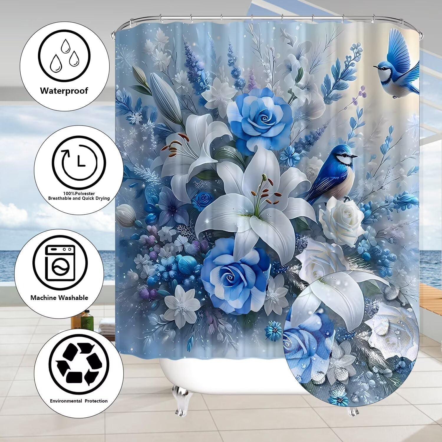4Pcs Butterfly Shower Curtain Sets with Rugs Butterfly Pearl Bathroom Set with Non-Slip Rugs Toilet Lid Cover and Bath Mat Vintage Shower Curtain with 12 Hooks, Durable Bathroom Decor Set