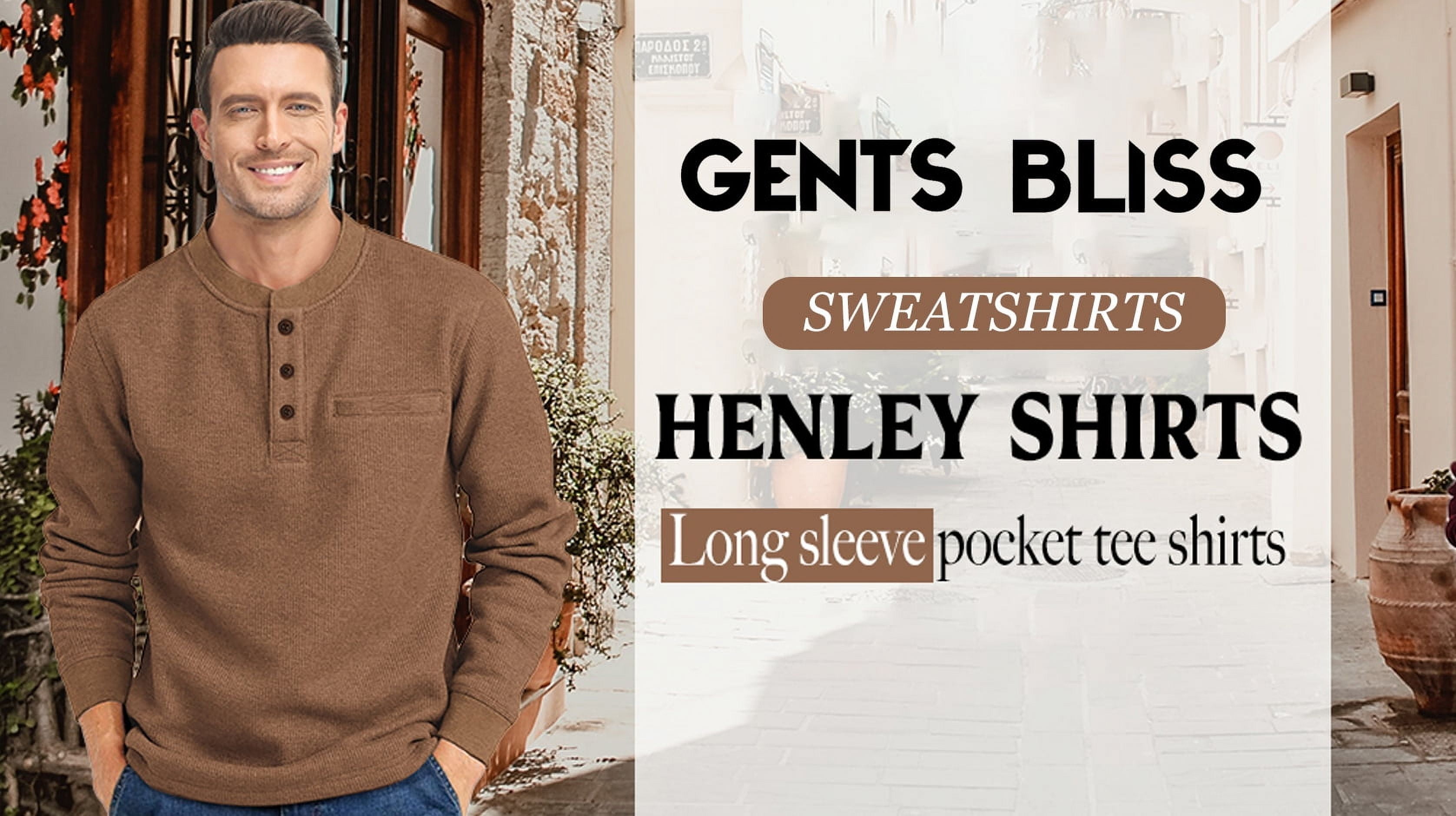 GENTS BLISS Henley Sweatshirts for Men Long Sleeve Crew Neck Men Sweatshirts Casual Pullover Tops with Pocket