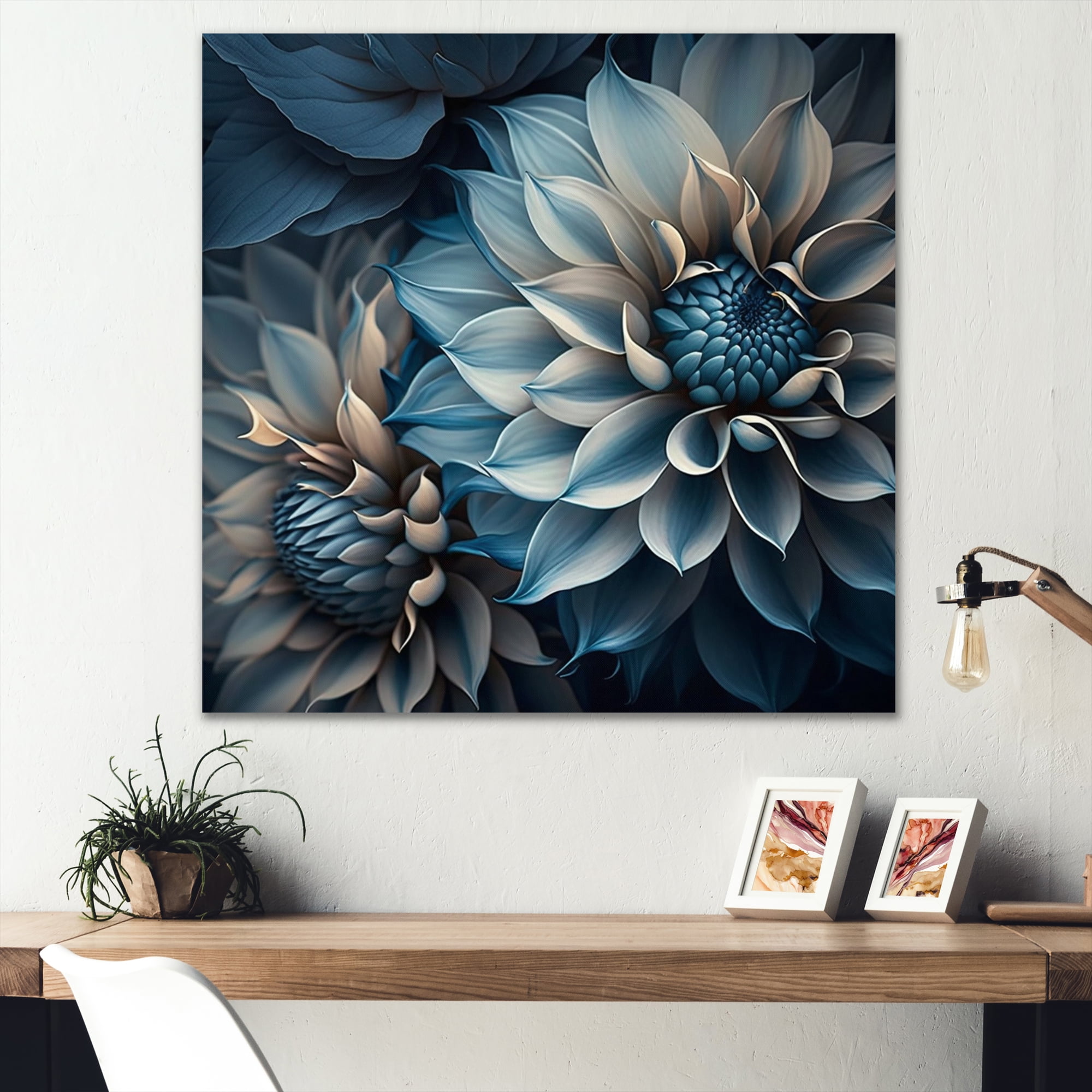 Designart Dahlia Flowers Blue And White II Canvas Wall Art