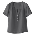 thumbnail image 4 of Htigea Womens V-Neck Button Down T Shirts Summer Short Sleeve Solid Color Casual Loose Fit Tee Linen Tee for Beach Everyday Dark Gray S, 4 of 9