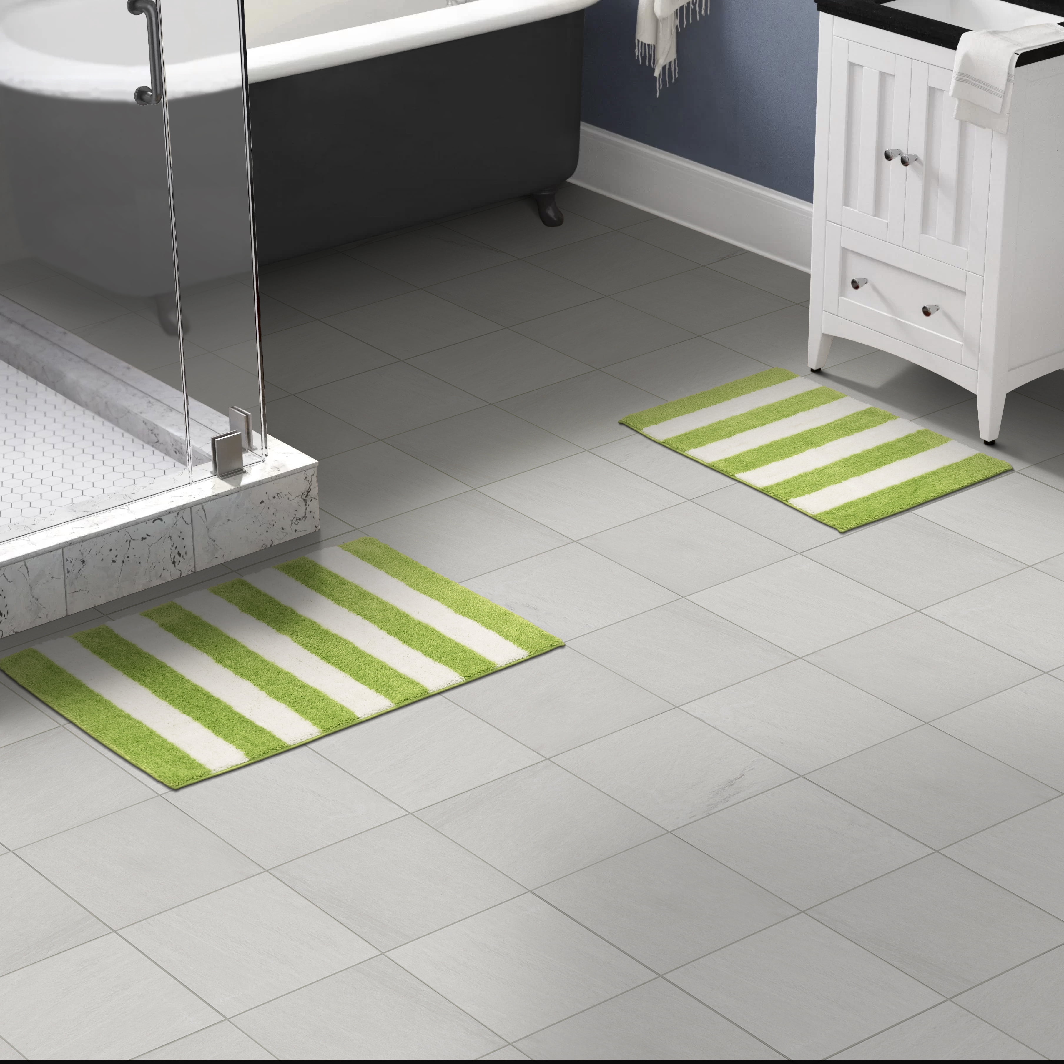 Garland Rug Beach Stripe Washable Bath Rug Set, 2 Piece Set (17"x24" Bath Rug, & 21"x34" Bath Rug) Lime Green/White