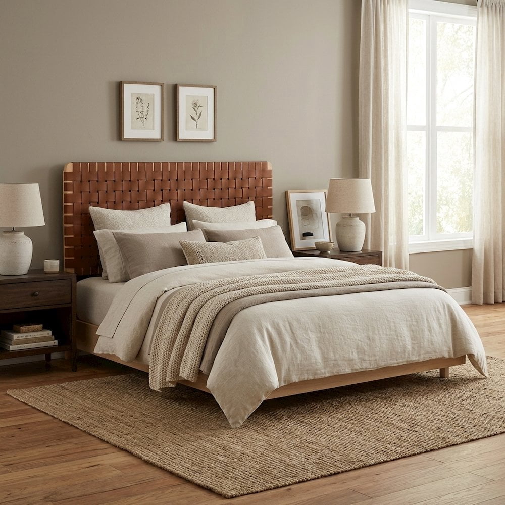 Vegan Leather Queen Headboard with Woven Texture and Durable Frame