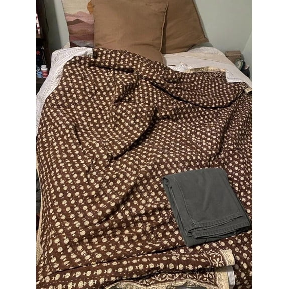 Ozark Textile Handmade Mustard Floral Indian Kantha Quilt “ Pure Cotton Block Print Bedspread,Lightweight Boho Bedding for Cozy HomeDecor