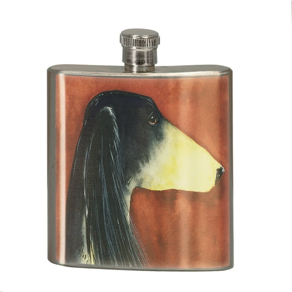 KuzmarK 6 oz. Stainless Steel Pocket Hip Liquor Flask - Black & Tan Saluki Sighthound Dog Art by Denise Every