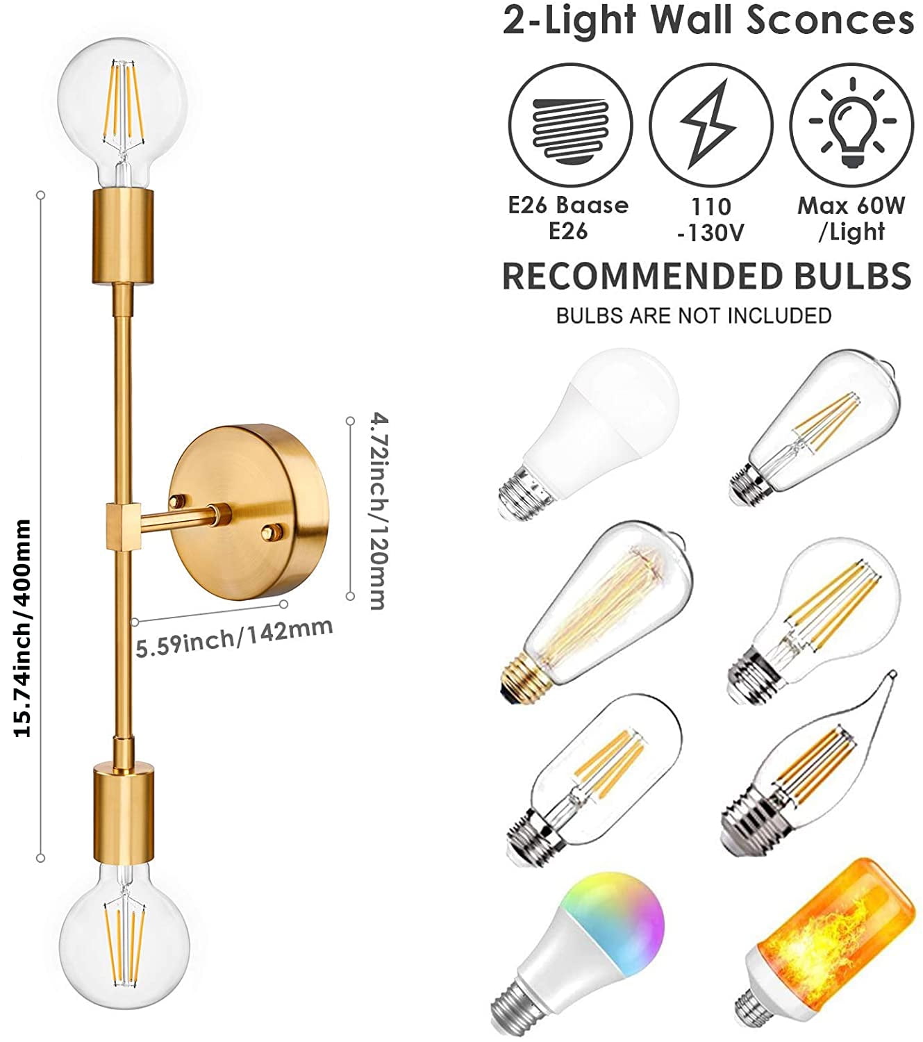 LNKOO 2-Light Vanity Light Fixtures, Bathroom Wall Sconce Mid Century Modern Wall Mounted Lamp Brushed Brass Sconce Indoor Vintage Wall Lighting for Mirror Hallway Kitchen Bedroom Living Room