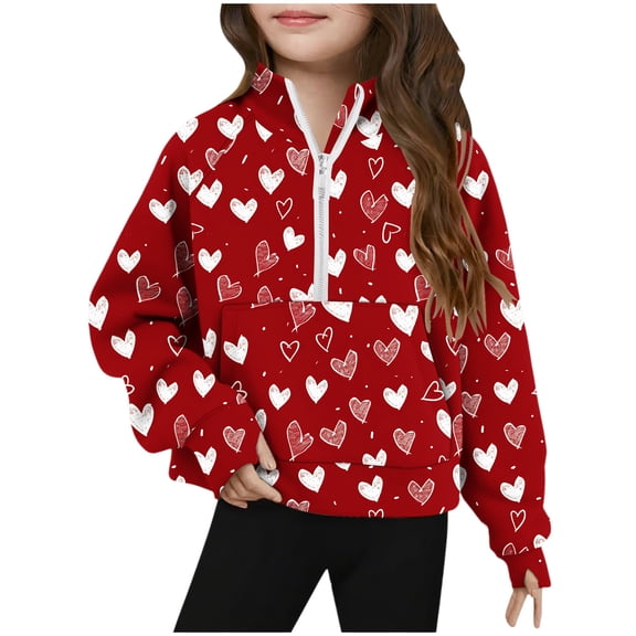 SERTG Girls Valentines Half Zip Sweatshirt Hoodless Stand Collar Thumbhole Cuffs Kids Long Sleeve Casual Pullover Everyday Top(Red,13 Years)