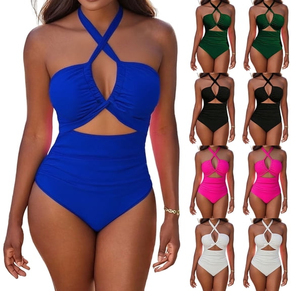 Women's One-Piece Swimsuits Tummy Control Halter Neck Open Back Ruched Resort 2026 Bathing Suit White S