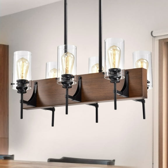 Warehouse of Tiffany Solvyr Forged Black Metal and Wood 6-Light Chandelier with Clear Glass Tube Shades
