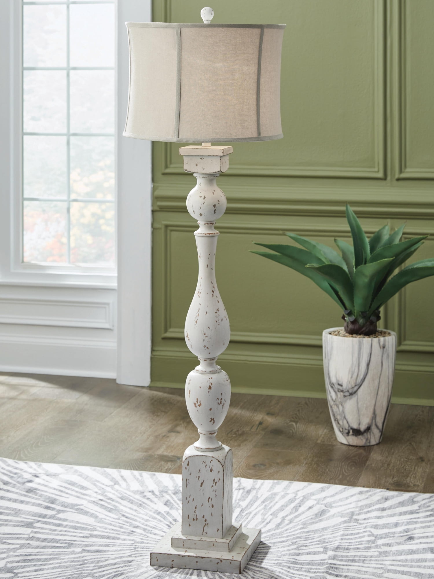 Signature Design by Ashley Madsbrook Poly Floor Lamp, Antique White Finish, Carved Turned Base, Drum Bell Fabric Shade, 62.5" Tall