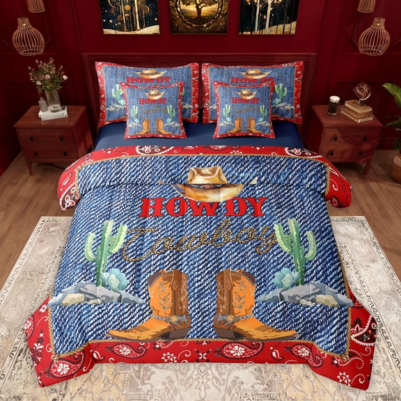 Homewish Cowboy Boots Twin Bedding Sets 7-Piece for Teens,Vintage Western Theme Bedding Comforter Set Microfiber,Bohemian Paisley Breathable Sheet Sets,Ultra Soft Home Decor,Reversible