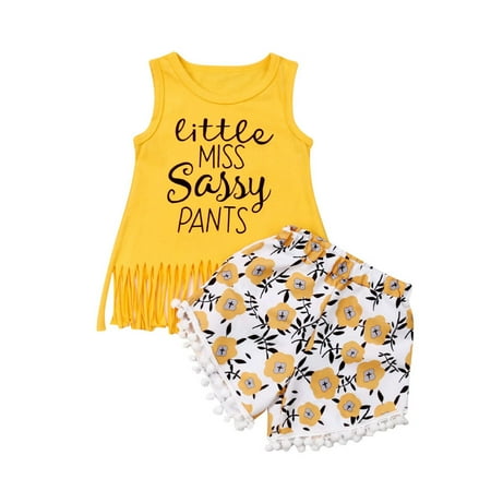 

Suanret Summer Toddler Baby Girls Clothes Sassy T-Shirt Tops Floral Short Pants Outfits Yellow 1-2 Years