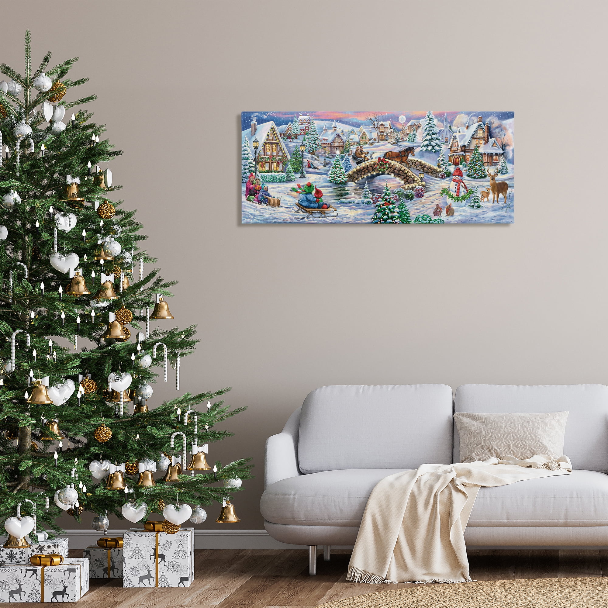 Stupell Industries Snowy Winter Townscape Holiday Painting Gallery Wrapped Canvas Art Prints Wall Art, 48 x 20