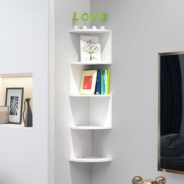 Organizador de estante de esquina blanco con múltiples compartimentos | Estantería de PVC moderna para montaje en pared | Diseño con particiones multilayer | Sostiene libros y elementos decorativos