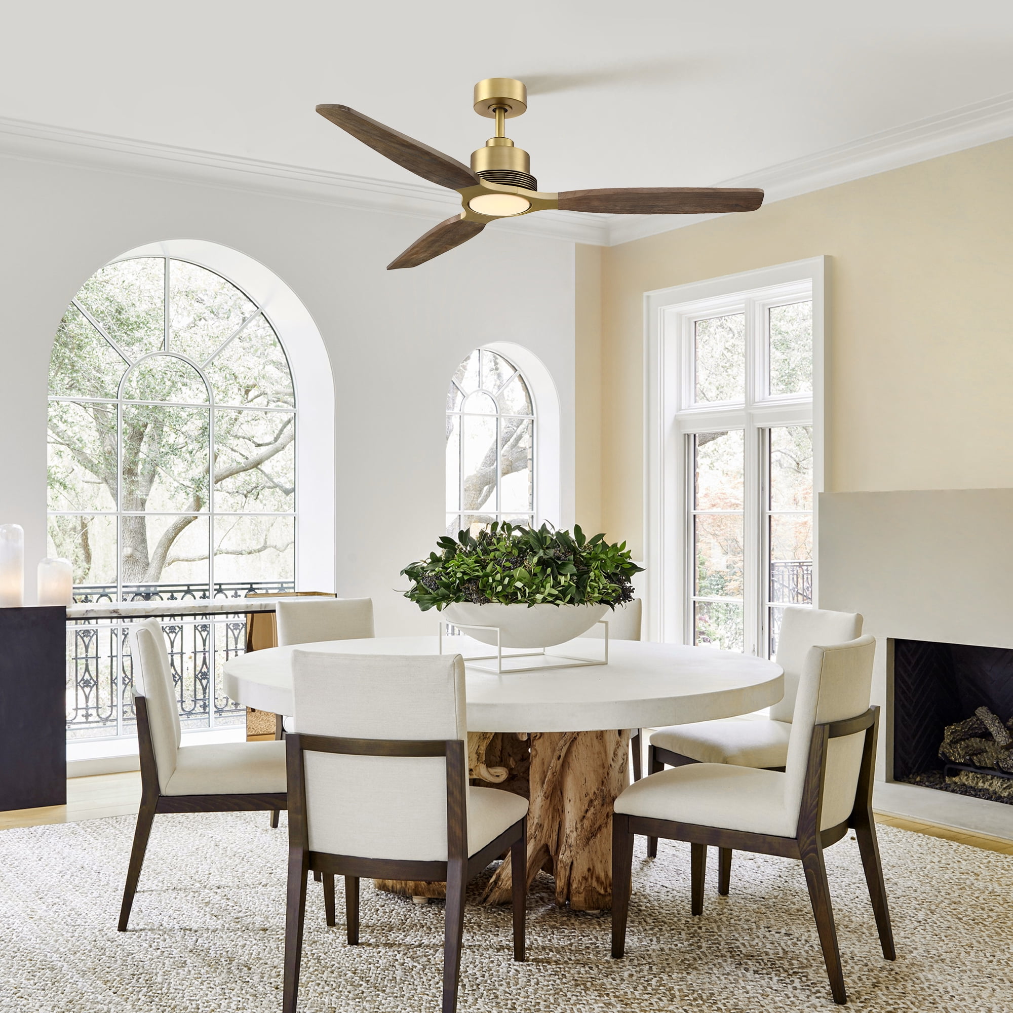 Parrot Uncle Modern 56" Brass Solid Wood Propeller LED Ceiling Fan with Remote Control, DC Motor, Living Room Ceiling Fan