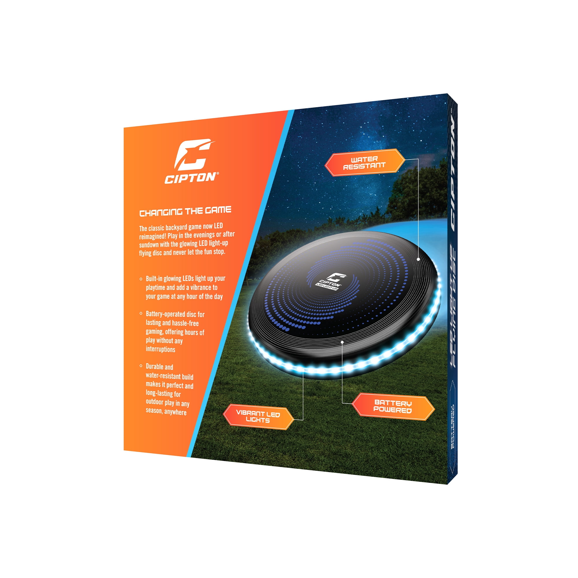 CIPTON LED Light Up Flying Disc, 190g Official Size Outdoor Frisbee, Battery Powered Blue LEDs, High Visibility Water Resistant Disc for Night Play