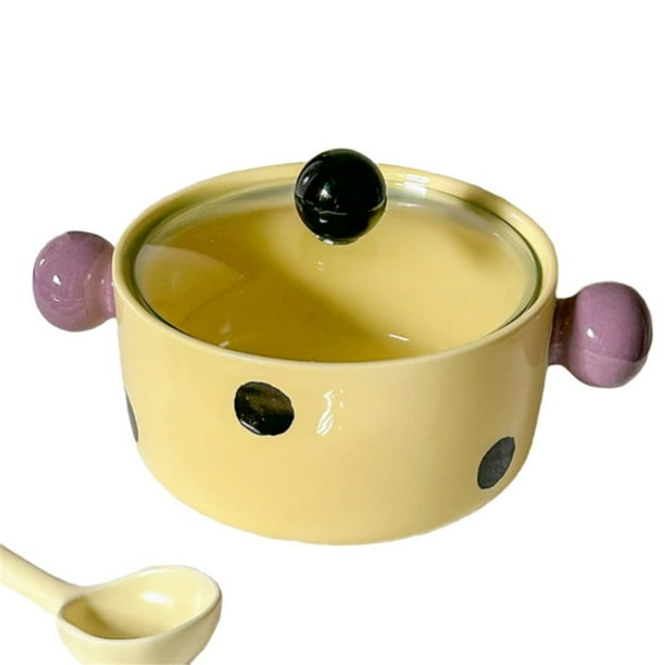 Tazón de Sopa de Cerámica con Lunares y Tapa. Práctico Tazón para Fideos. Tazón de Sopa de Porcelana de Doble Oreja. Tazón para Fideos de Arroz en Espiral.