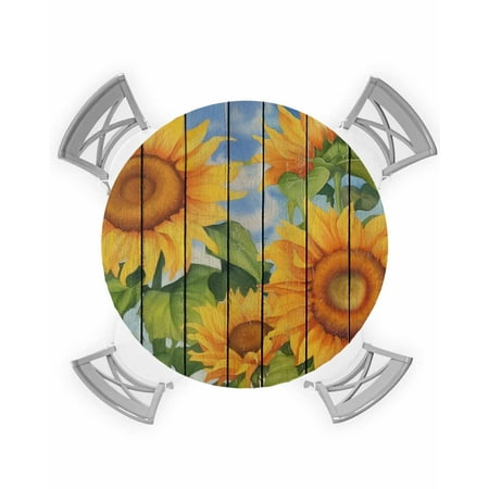 

Round Tablecloth with Elastic Summer Retro Nature Botanical Sunflowers Wood Grain Waterproof Stain-proof Table Cover Wipeable Fitted Table Cloths for 55 -60 Round Tables Dining Kitchen