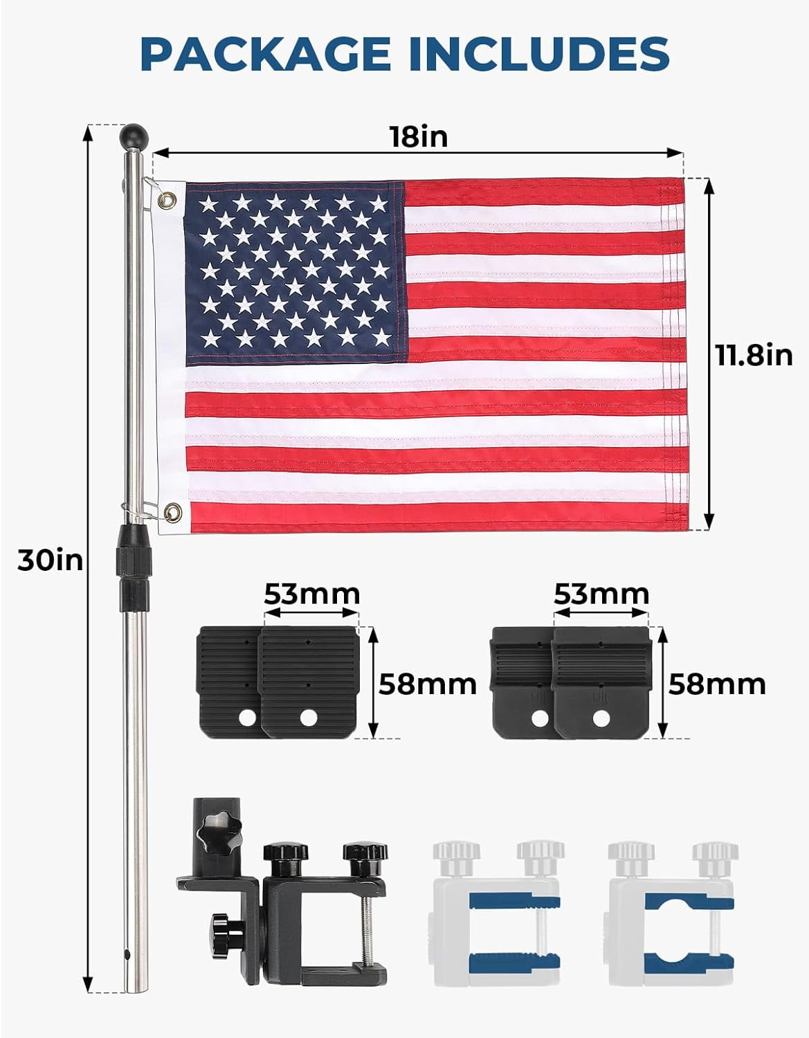 KEMIMOTO Boat American Flag Pole Kit, 360° Adjustable 12''x18'' Pontoon Boat Flag, US Flag Holder for 0.8''-1.35'' Round/Square Rails, 2.5ft Golf Cart Flag Pole for Boat & Golf Cart
