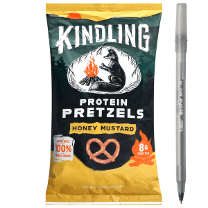 Kindling Honey Mustard Protein Pretzels with pen