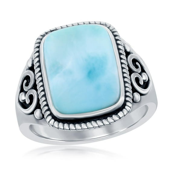 Filigree Design Natural Larimar Gemstone Rectangle-Shaped Oxidized Antique Ring Sterling Silver Jewelry for Women or Teens-size 10