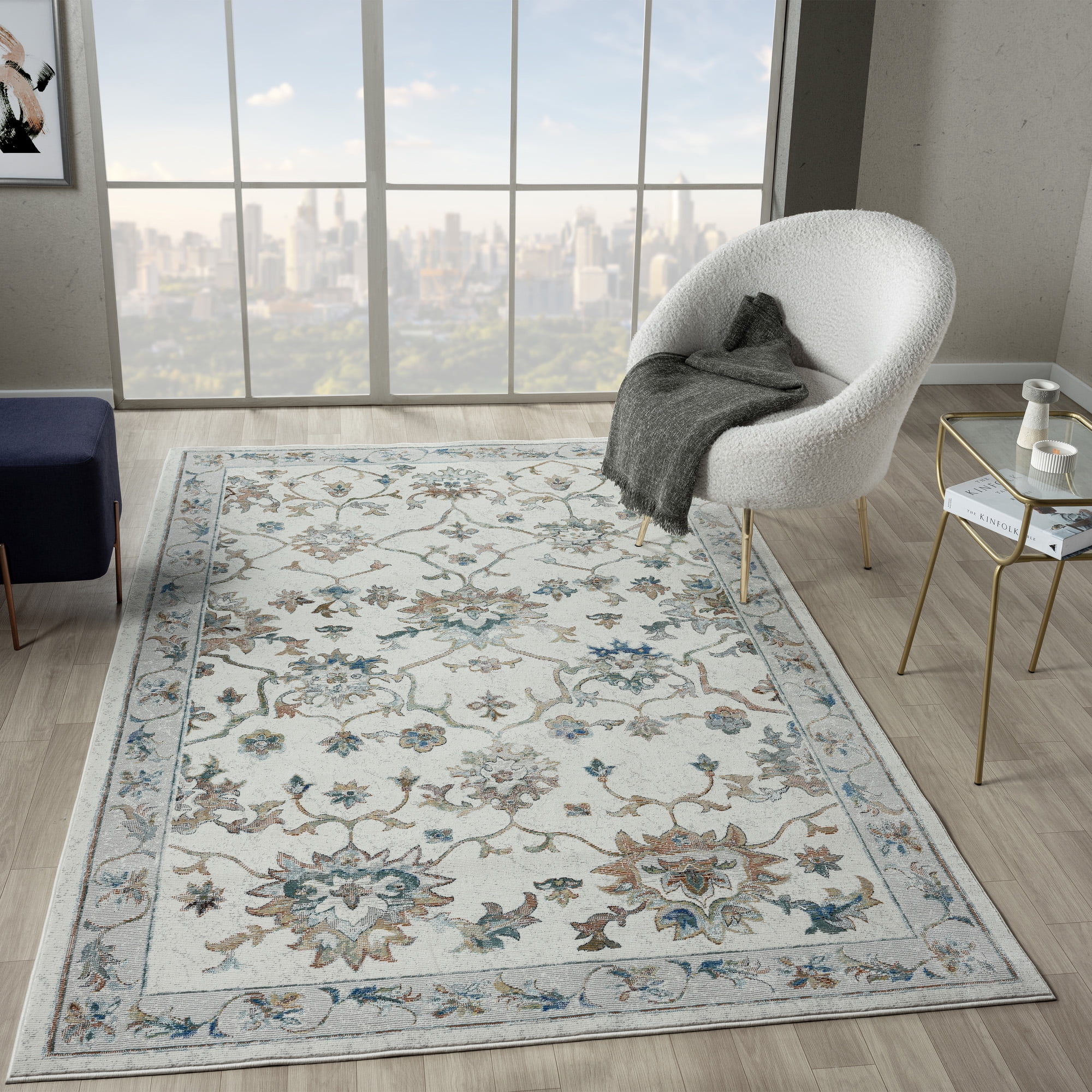 LR Home Ada 2'3" x 8'9" Ivory Bordered Floral Durable Indoor Area Rug