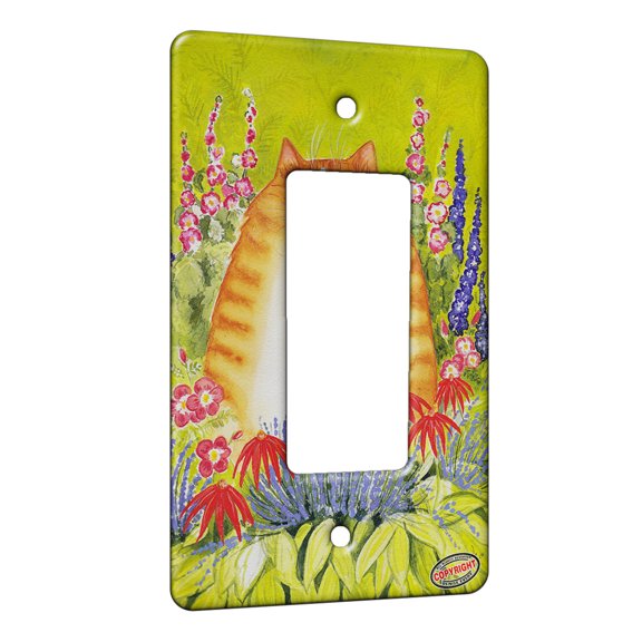 KuzmarK™ 1 Gang Rocker Wall Plate - Ginger Tabby Cat with Garden Flowers Art by Denise Every