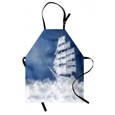 Nautical Apron A Yacht in the Ocean Made and Shaped with Fluffy Clouds Atmospheric Imaginary Sky, Unisex Kitchen Bib Apron with Adjustable Neck for Cooking Baking Gardening, Blue White, by Ambesonne