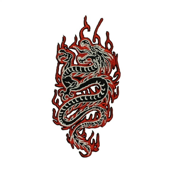 Chinese Dragon In Flames Patch Fantasy Fire Mythical Embroidered Iron On Applique