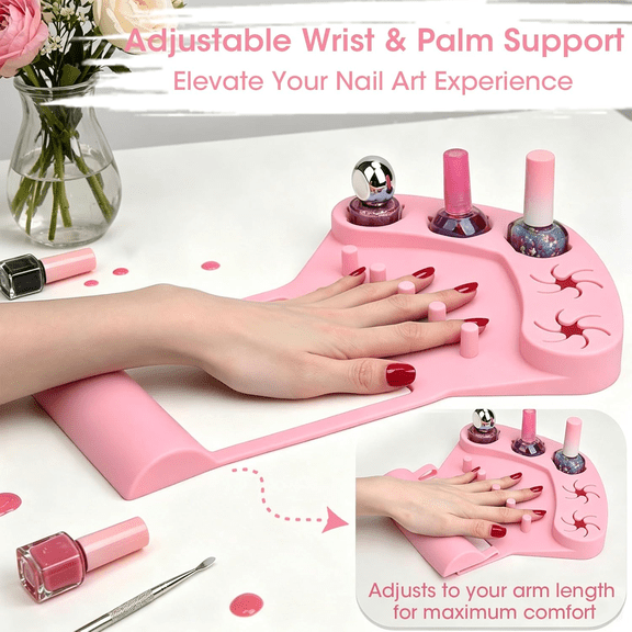 3-in-1 Silicone Nail Arm Rest, Non-Slip Hand Rest Mat with Finger Separators & Anti-Spill Nail Polish Bottle Holder, Multi-Functional Manicure Pedicure DIY Nail Art Accessory, Pink