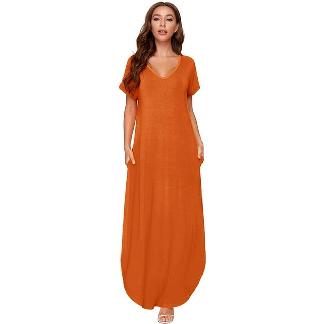 Women's V Neck Side Pockets Split Hem Beach Long Maxi Dress