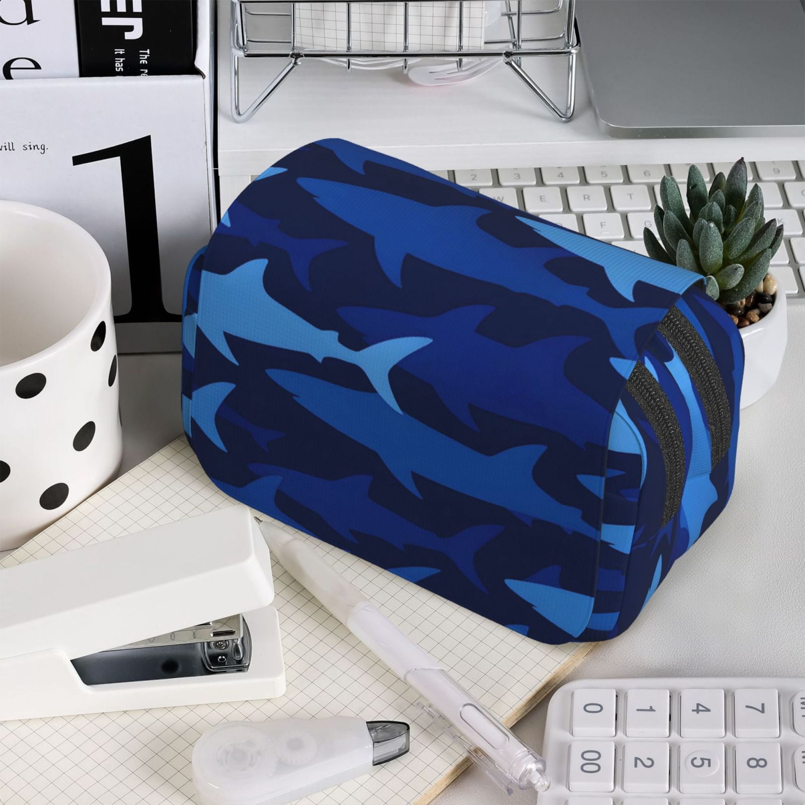 Large-Capacity Flip-Top Double-Layer Pencil Case, Multi-Functional Pocket Pen Case, Durable Stationery Organizer Blue Camouflage Shark Pattern