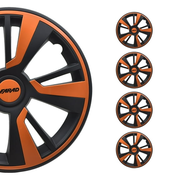 OMAC - Matt Black with Orange Hub Caps 14 Inch Set of 4, Tapas para Rines 14, Premium Wheel Covers 14 Inch, R14 Rim Cover Set, Snap On Durable Car Replacement Exterior Accessories