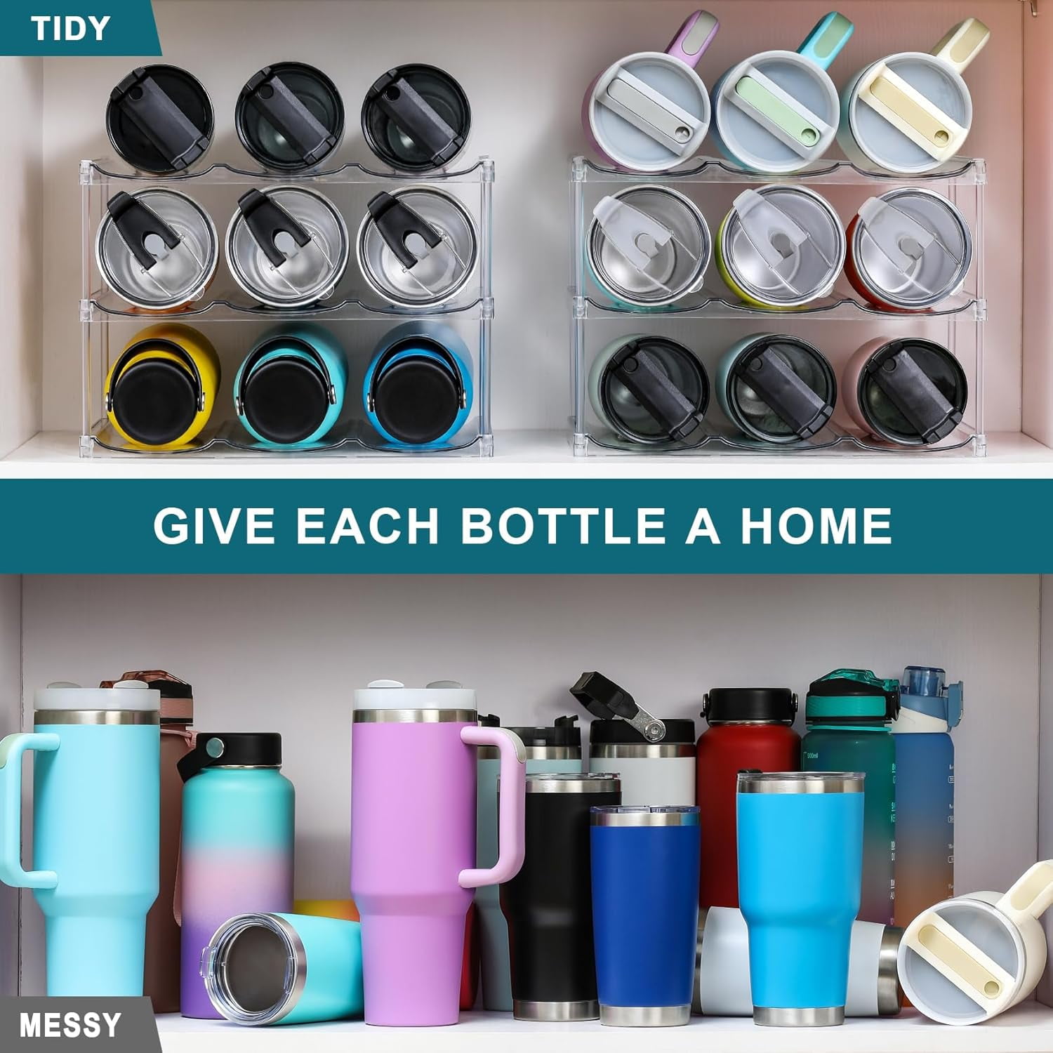 Stackable Water Bottle Organizer Holder - for Stanley & Others' Large Tumbler - Clear Wine Rack, Cup Bottle Holder for Cabinet Home Countertop Fridge Pantry Shelf