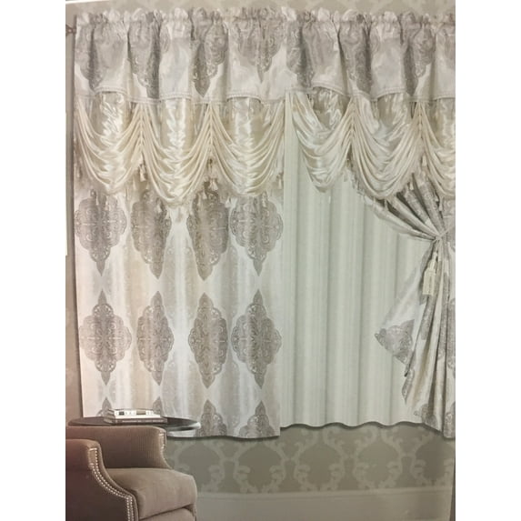 Luxury Embroidered Curtain Set. 4 Piece Beige Sage Lilac Purple or Burgundy Drapes with Backing & Valance & Tie Backs- 120"X63" (Beige 1630)