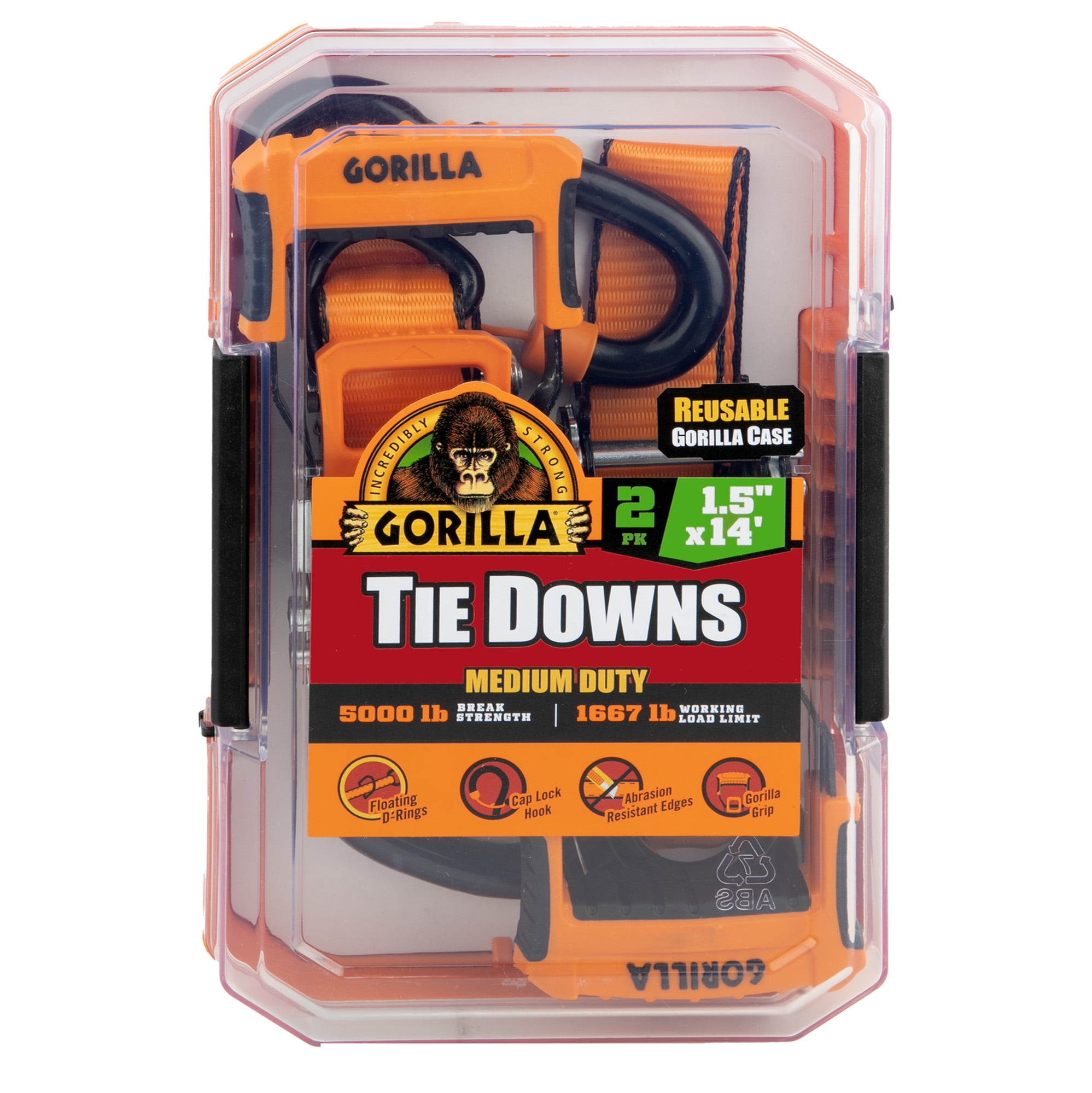 Gorilla 2 Pk 1.5" X 14' Ratchet Strap W/ Orange Gorilla Grip Handle W/ Cap Locks W/ Floating "D" Rings (Orange Webbing)