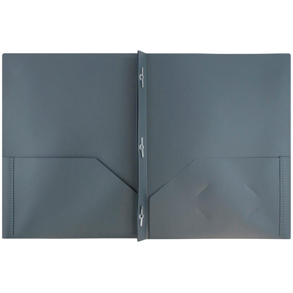 JAM Paper Plastic 2 Pocket School POP Folders with Metal Prongs Fastener Clasps, Grey, 3/Pack
