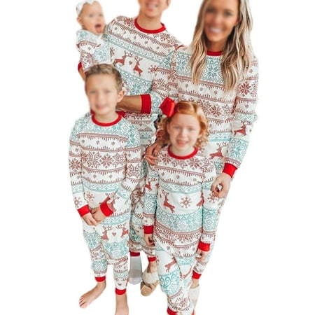 

Haite Mommy Dad Child Tops And Pants Long Sleeve Matching Family Pajamas Set Color Block Elastic Waist Sleepwear Festival Crew Neck Elk Printed PJ Sets Red Child 4T