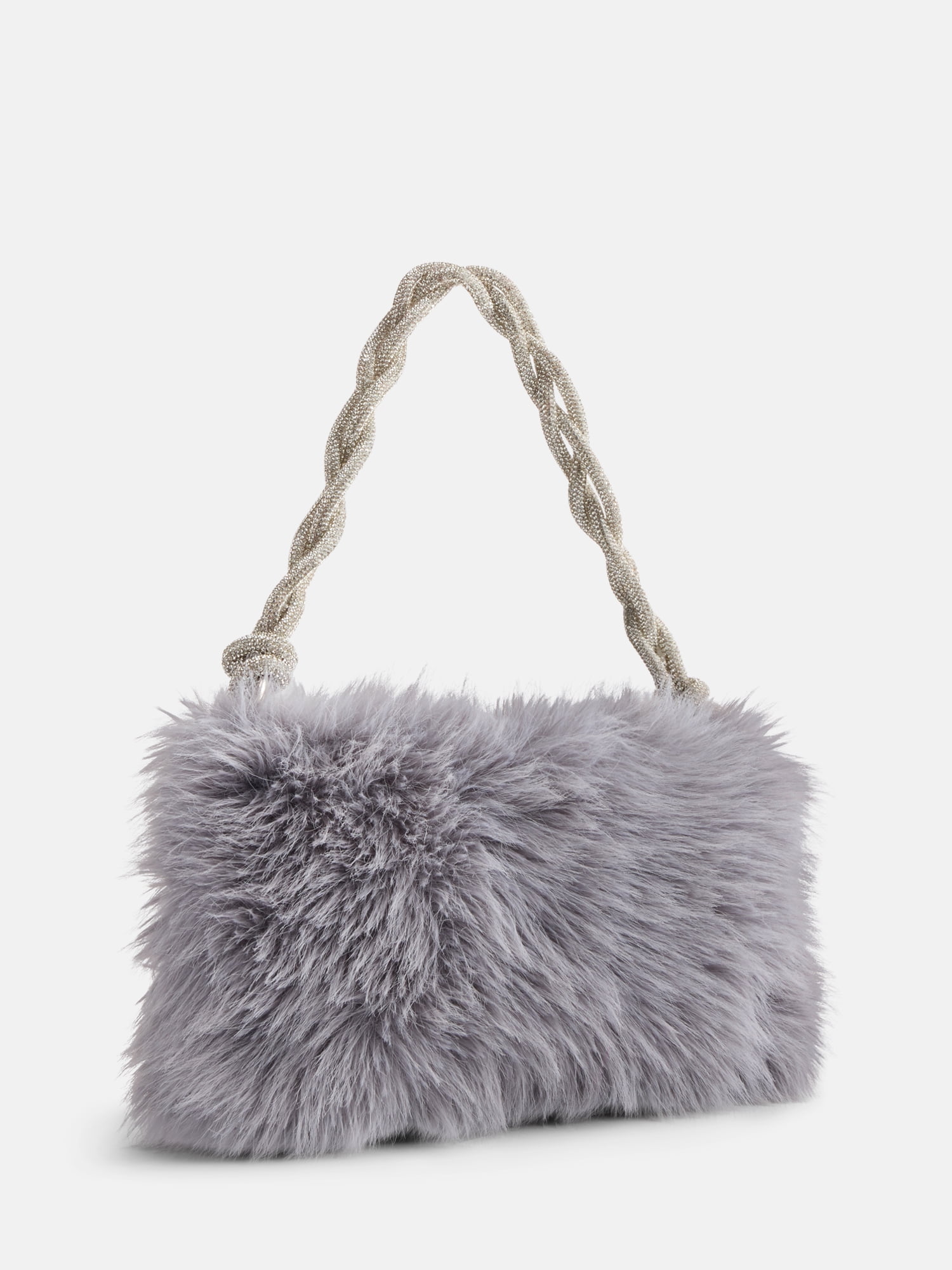 No Boundaries Women's Faux Fur Shoulder Bag with Rhinestone Strap, Grey