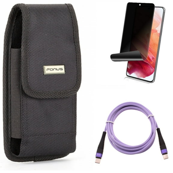 Purple 6ft PD Cable & Privacy Screen Protector & Case Belt Clip for Samsung Galaxy S22 (6.1") - Type-C to USB-C Long Charger Cord & TPU Film Fingerprint Works & Swivel Holster Accessory Bundle