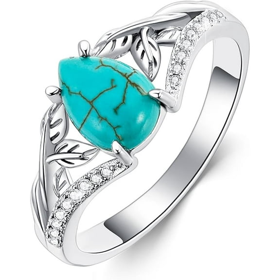 THOYAS Real Turquoise Rings Jewelry for Women 925 Sterling Silver Leaf with Genuine Teardrop Gemstone Anniversary Ring with CZ for Her Wife