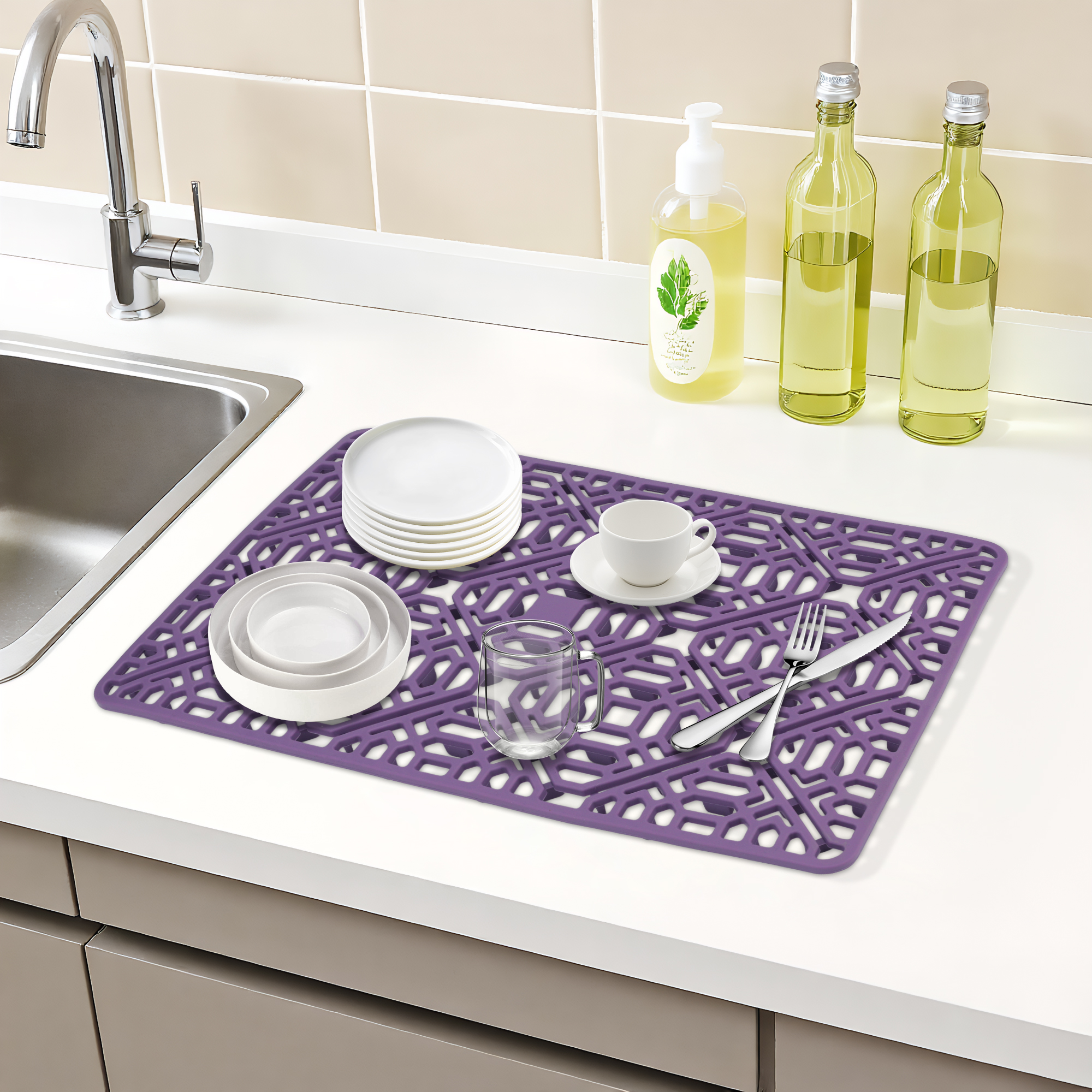 Unique Bargains Hollow Design Silicone Dish Drying Mat Purple 15.7*10.6 inch
