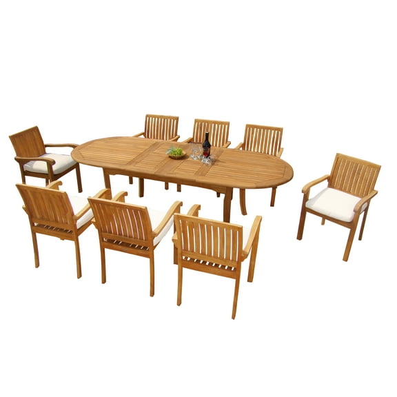 9 PC A Grade Outdoor Patio Teak Dining Set - 117" Double Extension Oval Table & 8 Naples Stacking Arm Chairs
