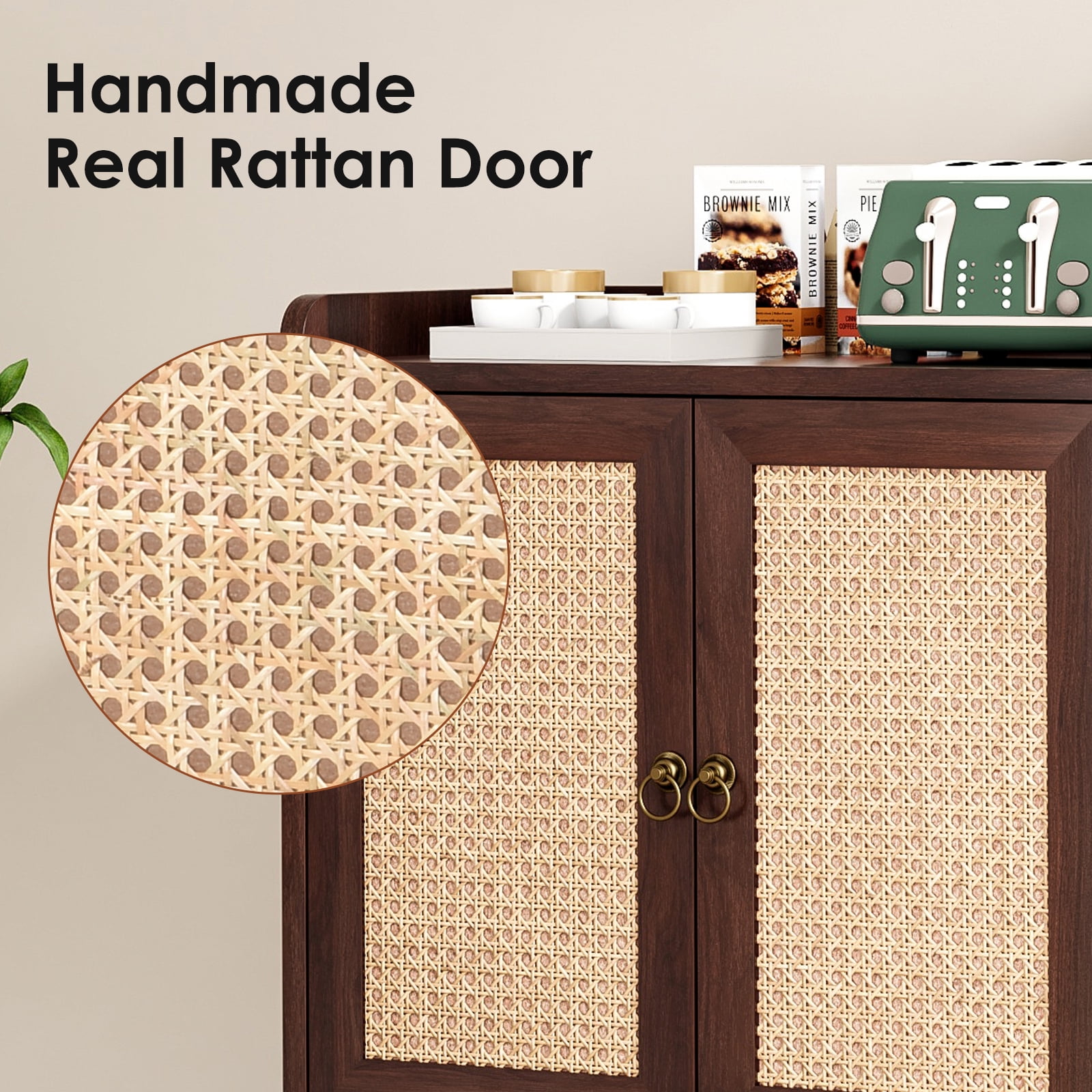 TrumanPick Vintage Rattan Sideboard Buffet Cabinet with Storage – Ideal for Dining Room, Living Room, or Hallway