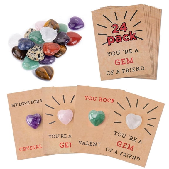24Pcs Valentine'S Day Crystal Card Set Heart Shaped Gemstone Exchange Cards For Friendship Greetings And Party Favors(Khaki-3In)